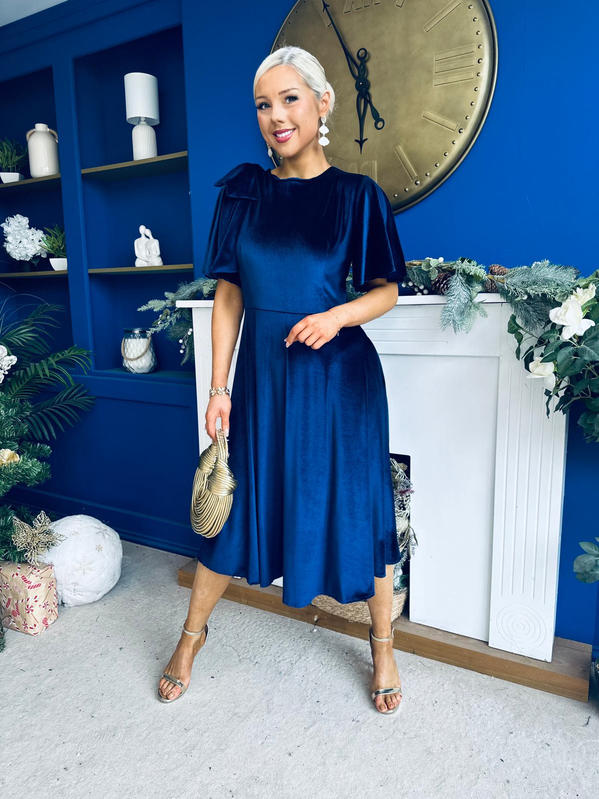 Camilla Bow Detail Midi Dress Velvet Navy
