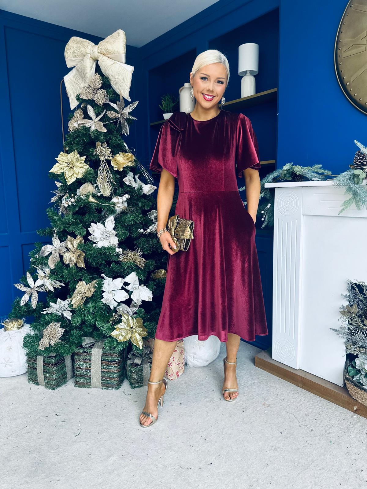 Camilla Bow Detail Midi Dress Velvet Burgundy