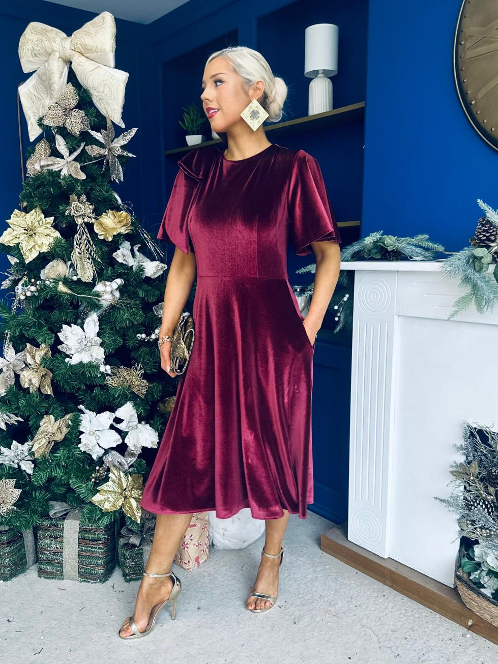 Camilla Bow Detail Midi Dress Velvet Burgundy