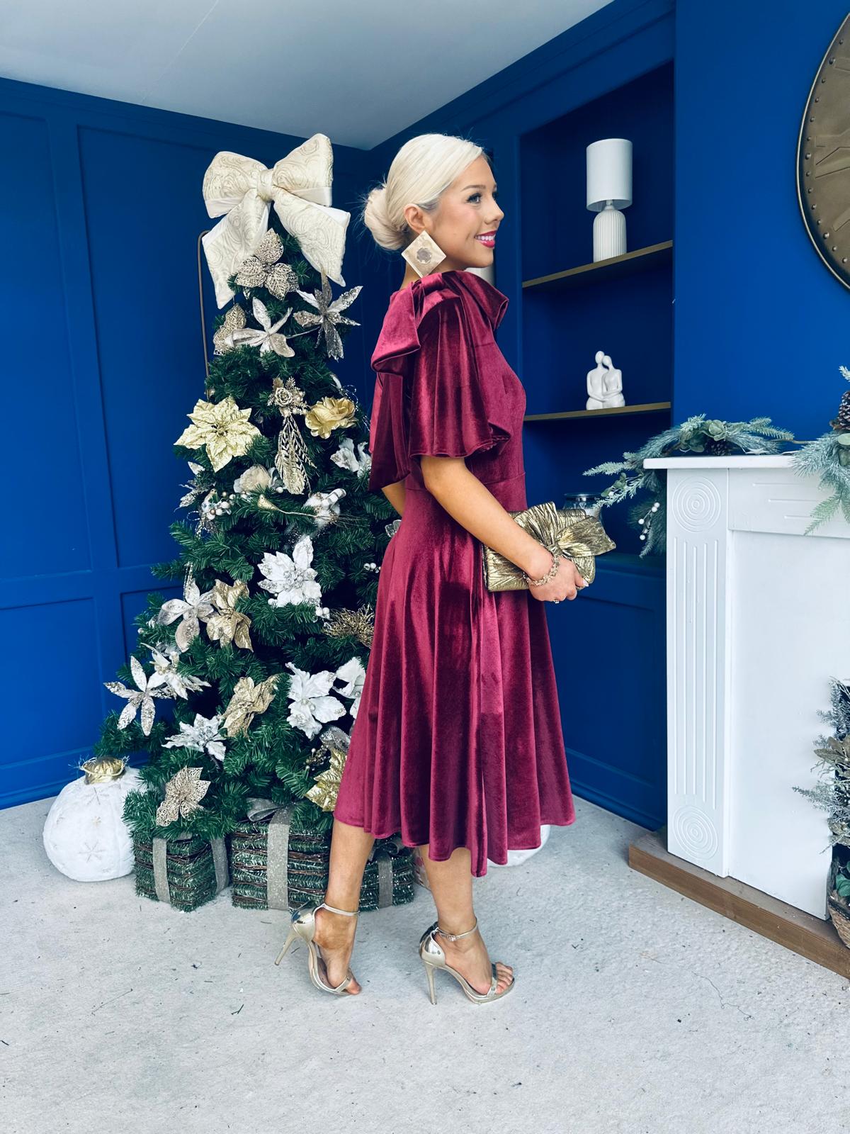 Camilla Bow Detail Midi Dress Velvet Burgundy