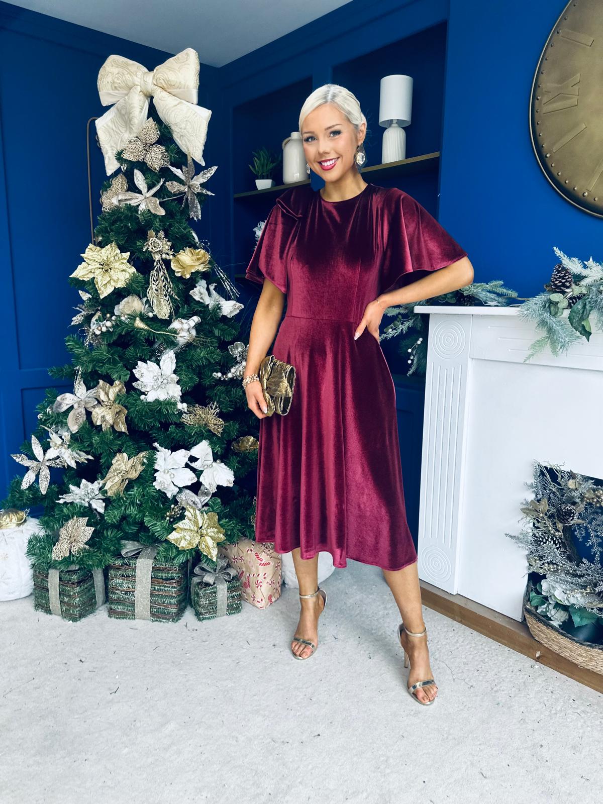 Camilla Bow Detail Midi Dress Velvet Burgundy