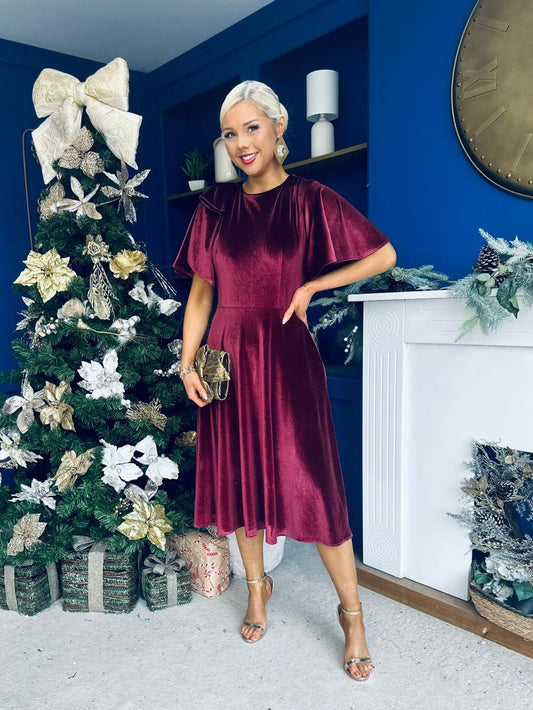 Camilla Bow Detail Midi Dress Velvet Burgundy