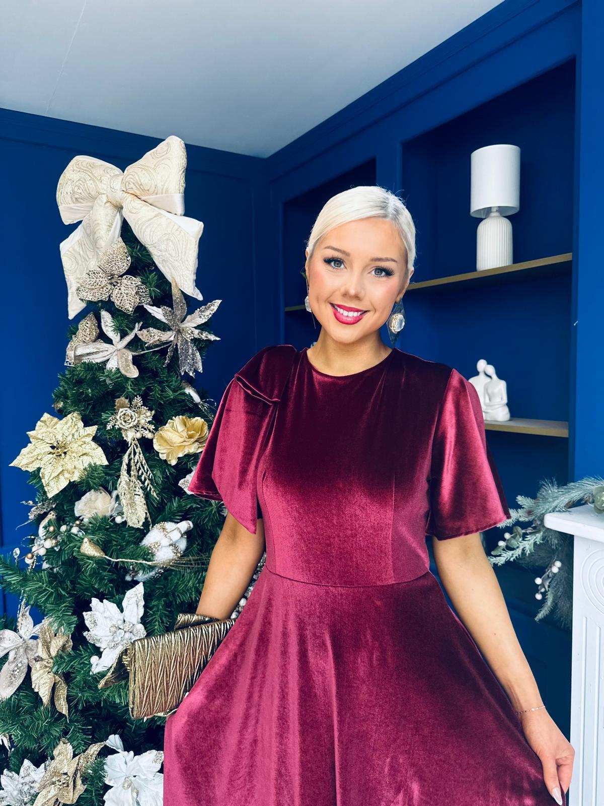 Camilla Bow Detail Midi Dress Velvet Burgundy