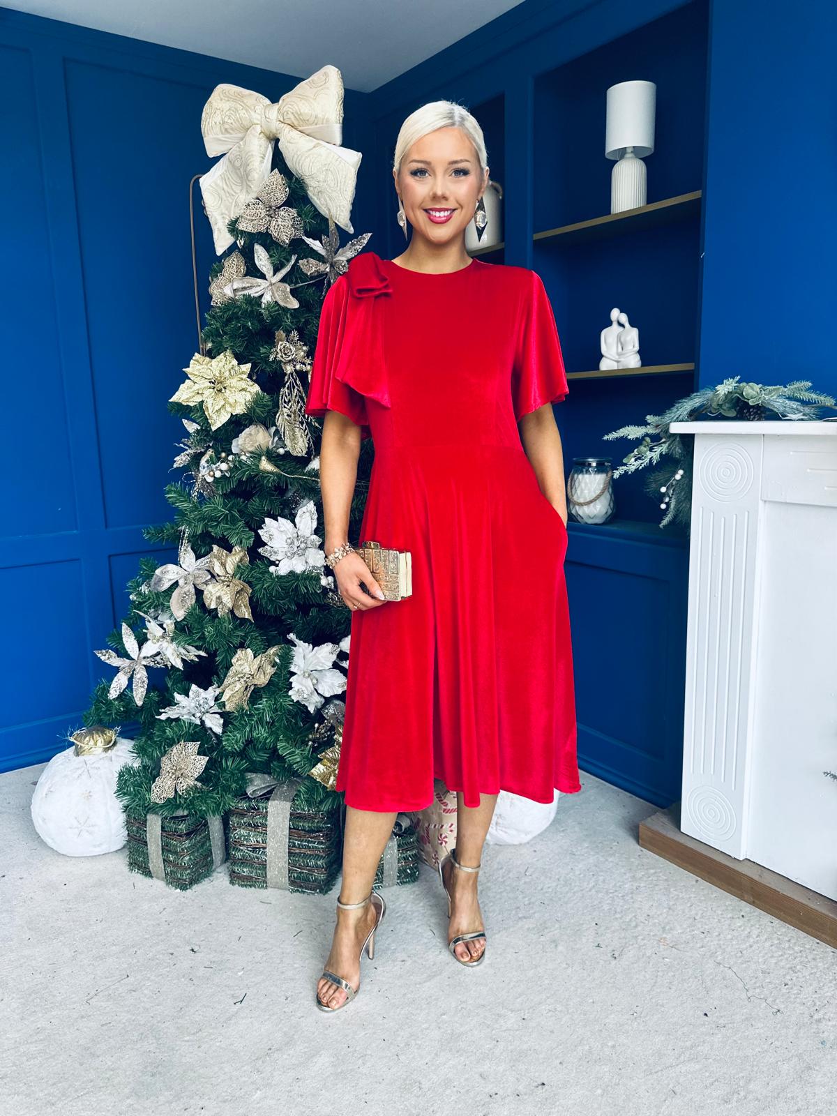 Camilla Bow Detail Midi Dress Velvet Red