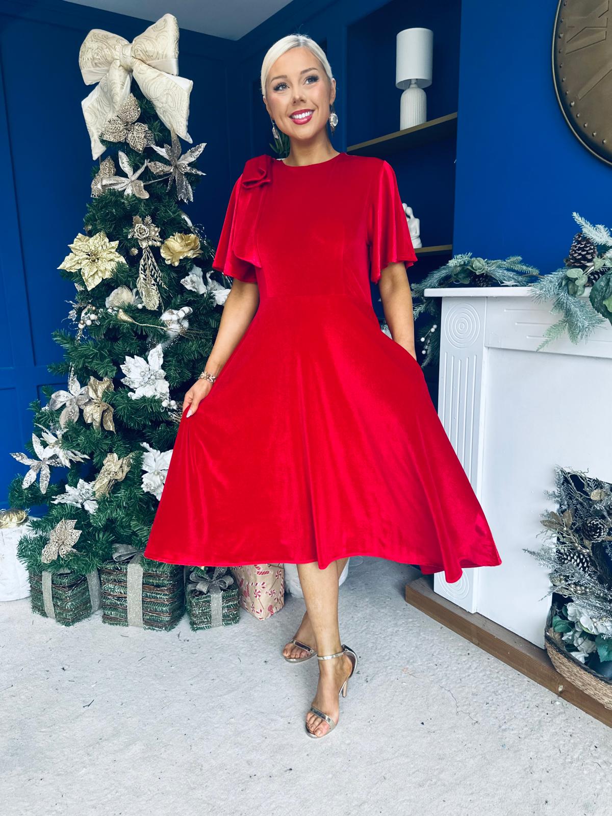 Camilla Bow Detail Midi Dress Velvet Red