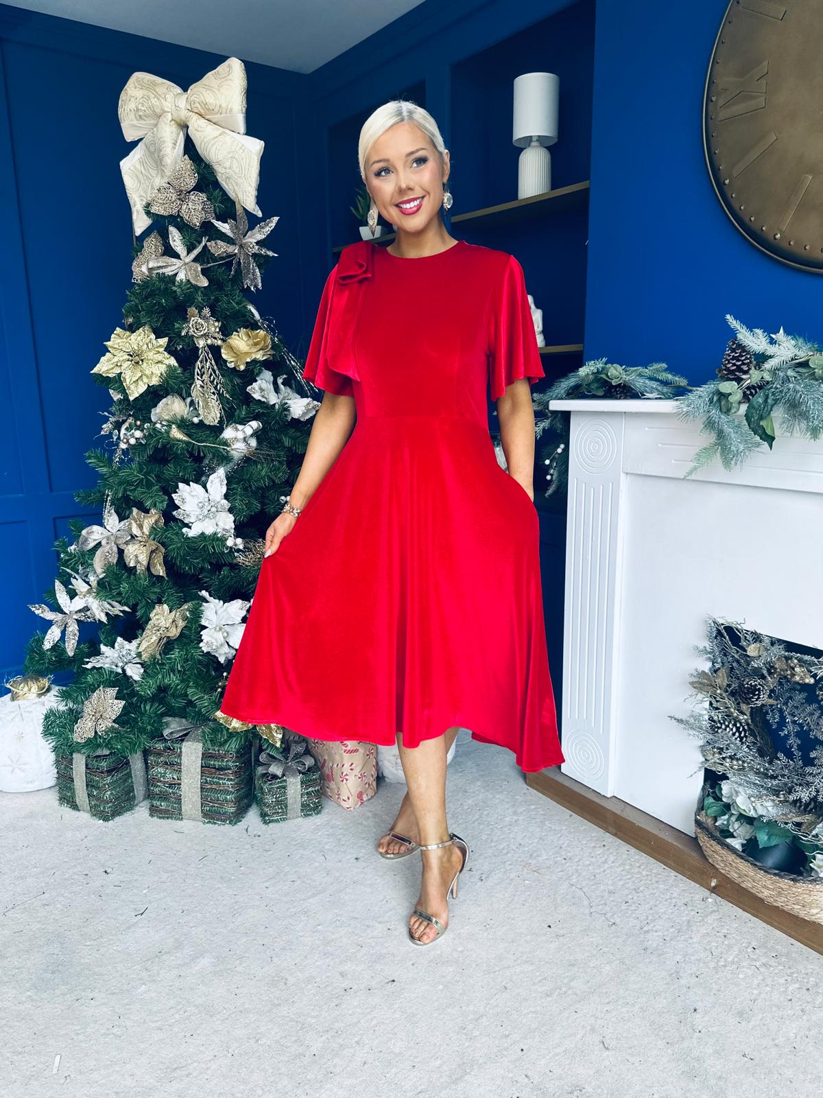 Camilla Bow Detail Midi Dress Velvet Red