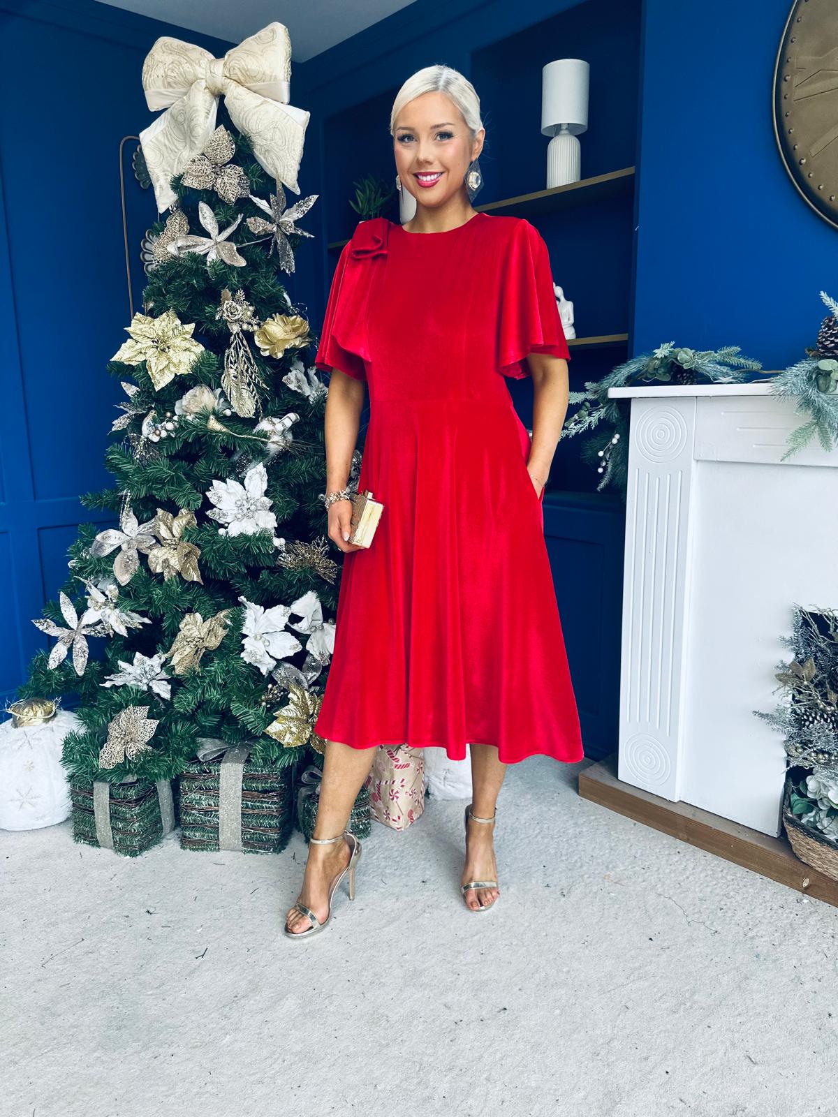 Camilla Bow Detail Midi Dress Velvet Red