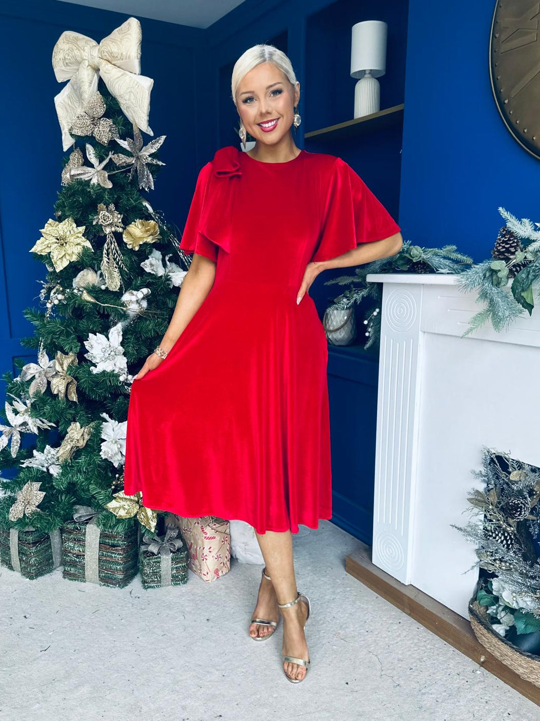 Camilla Bow Detail Midi Dress Velvet Red
