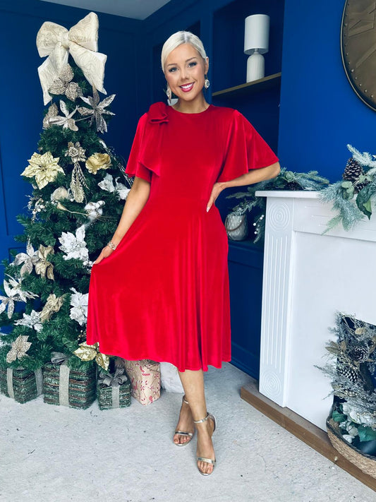 Camilla Bow Detail Midi Dress Velvet Red