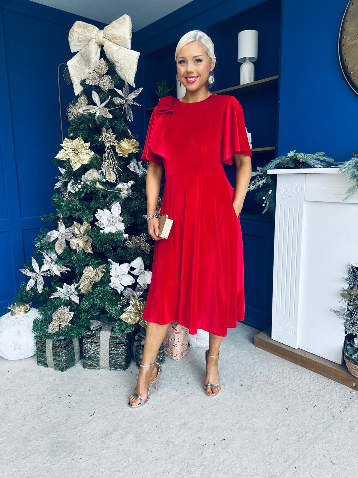 Camilla Bow Detail Midi Dress Velvet Red