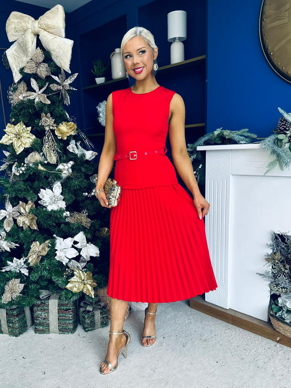 Doireann Pleated Skirt Midi Dress Red