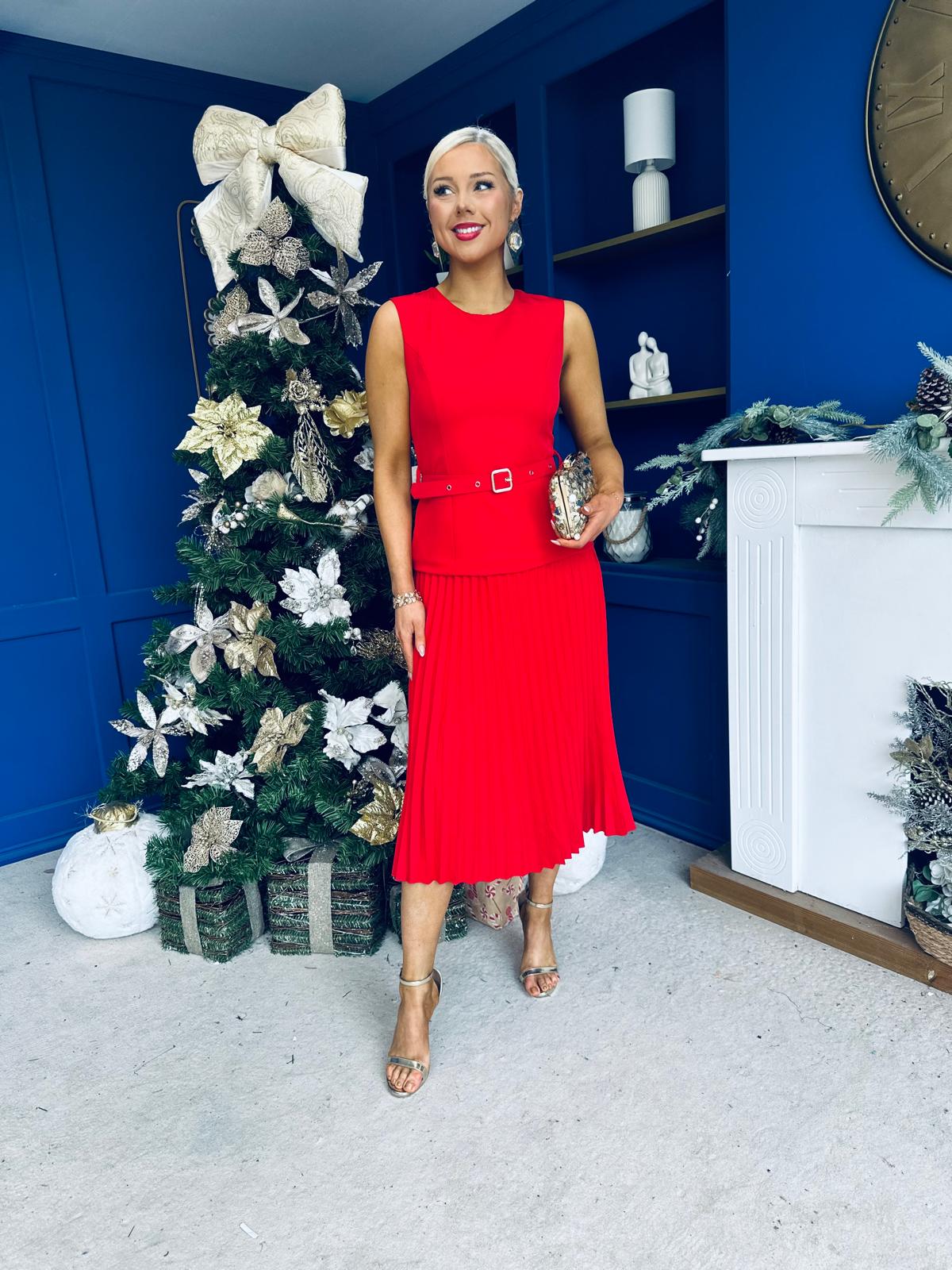 Doireann Pleated Skirt Midi Dress Red