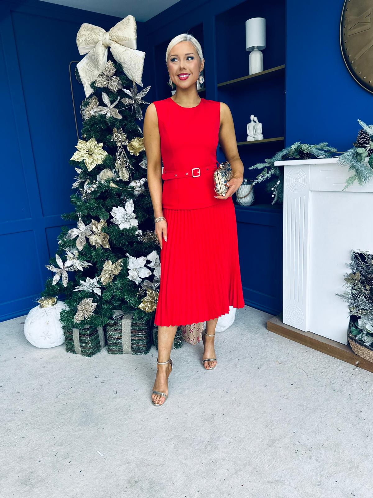 Doireann Pleated Skirt Midi Dress Red