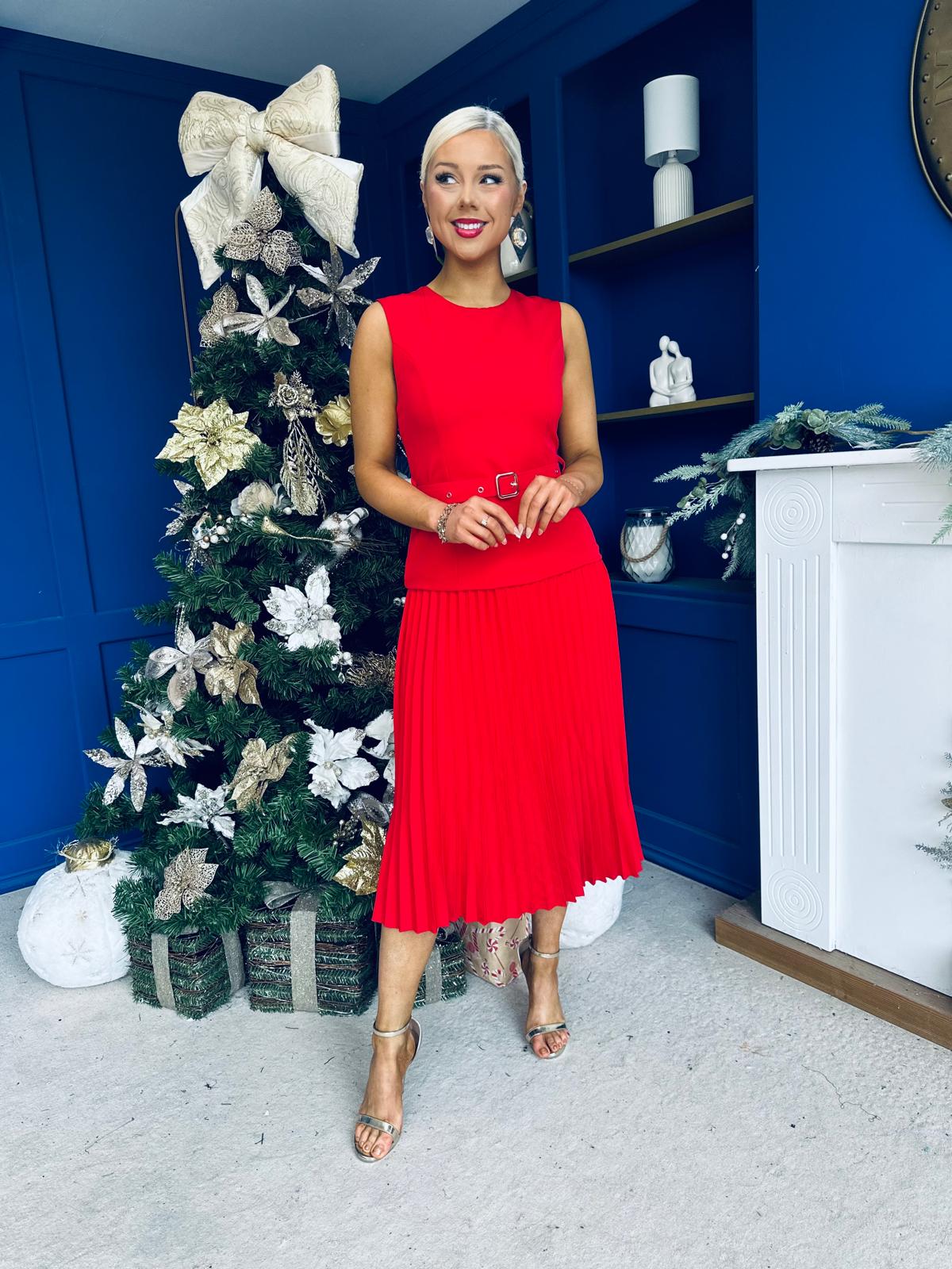 Doireann Pleated Skirt Midi Dress Red
