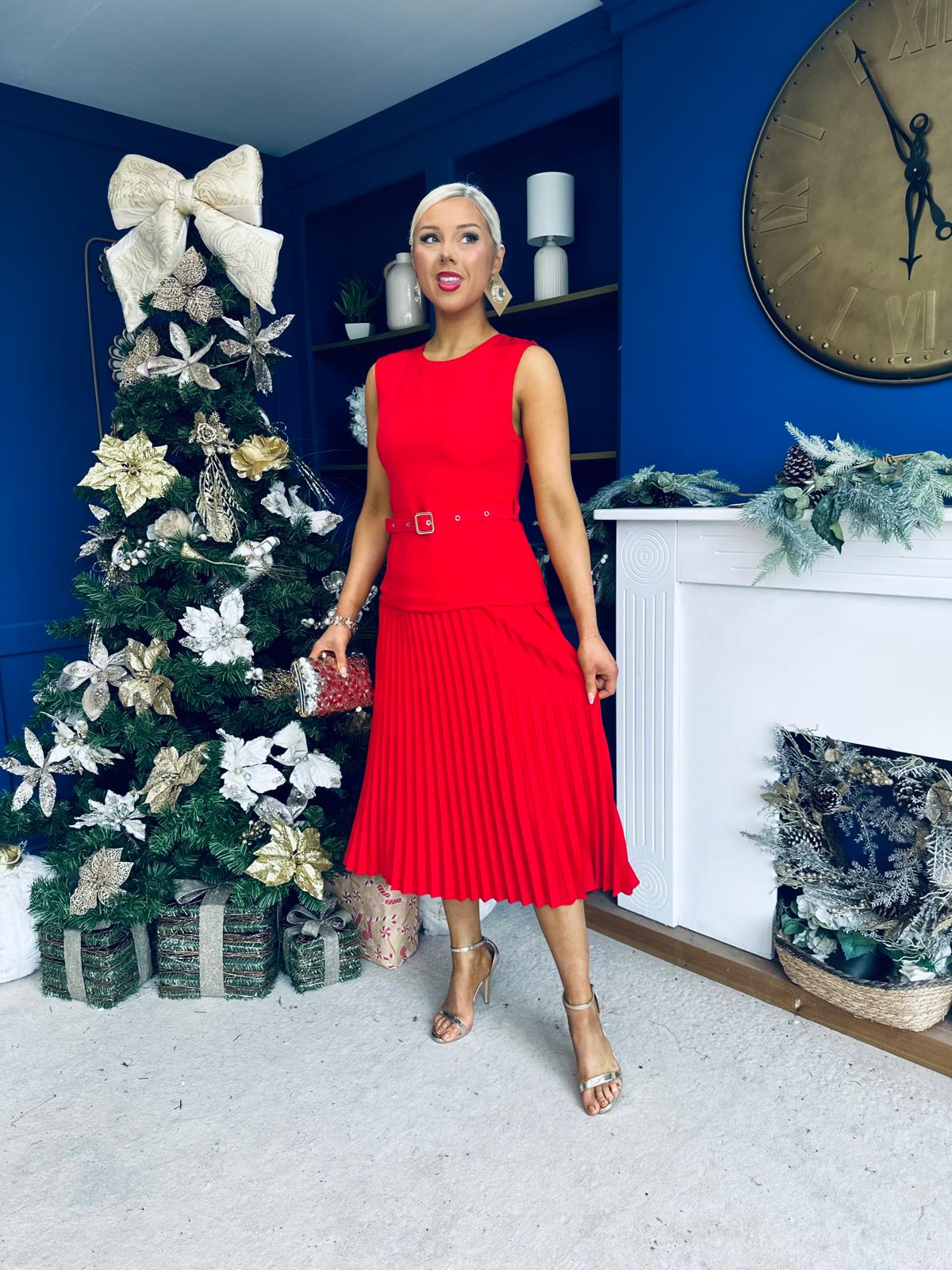 Doireann Pleated Skirt Midi Dress Red