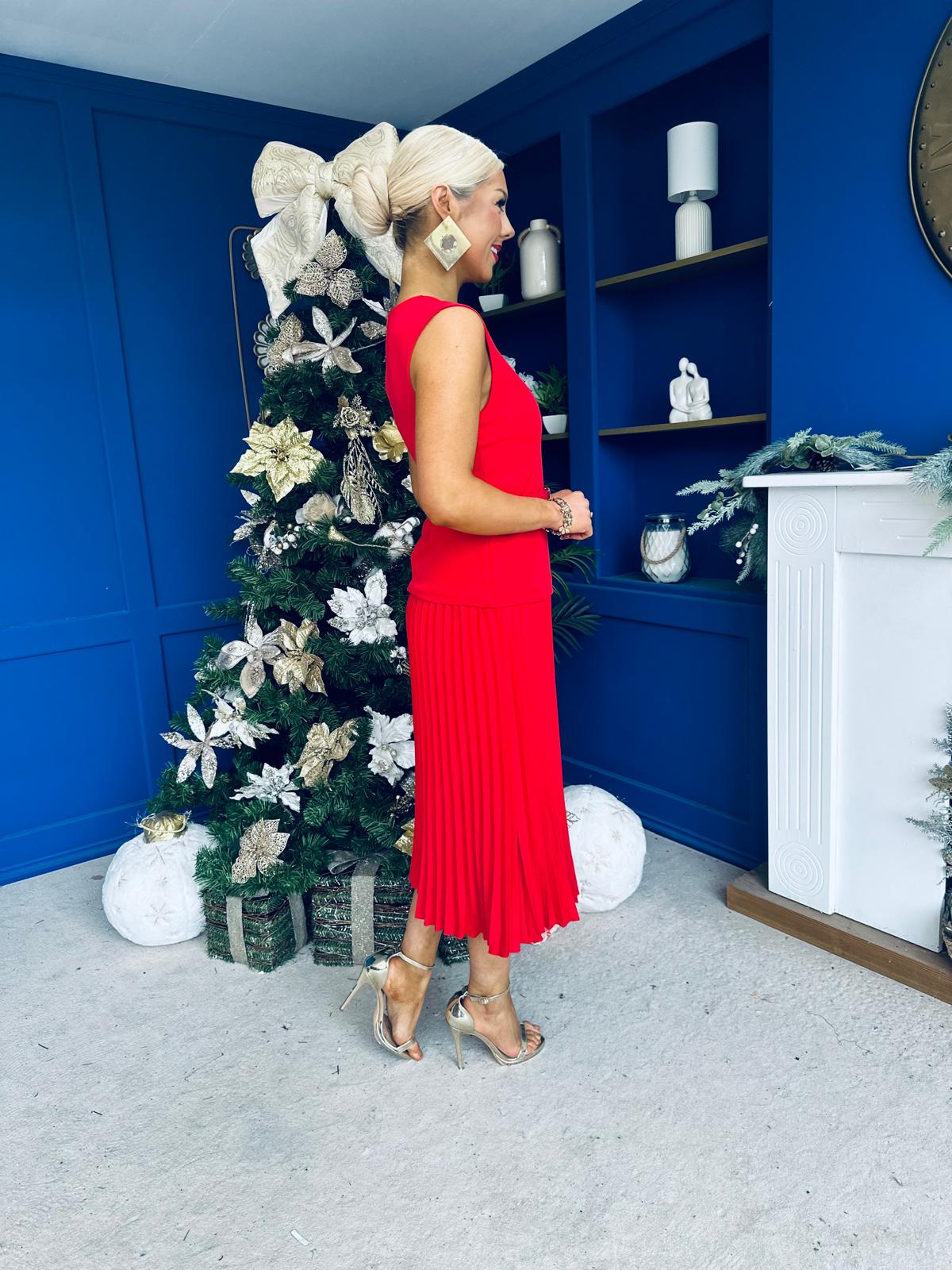 Doireann Pleated Skirt Midi Dress Red