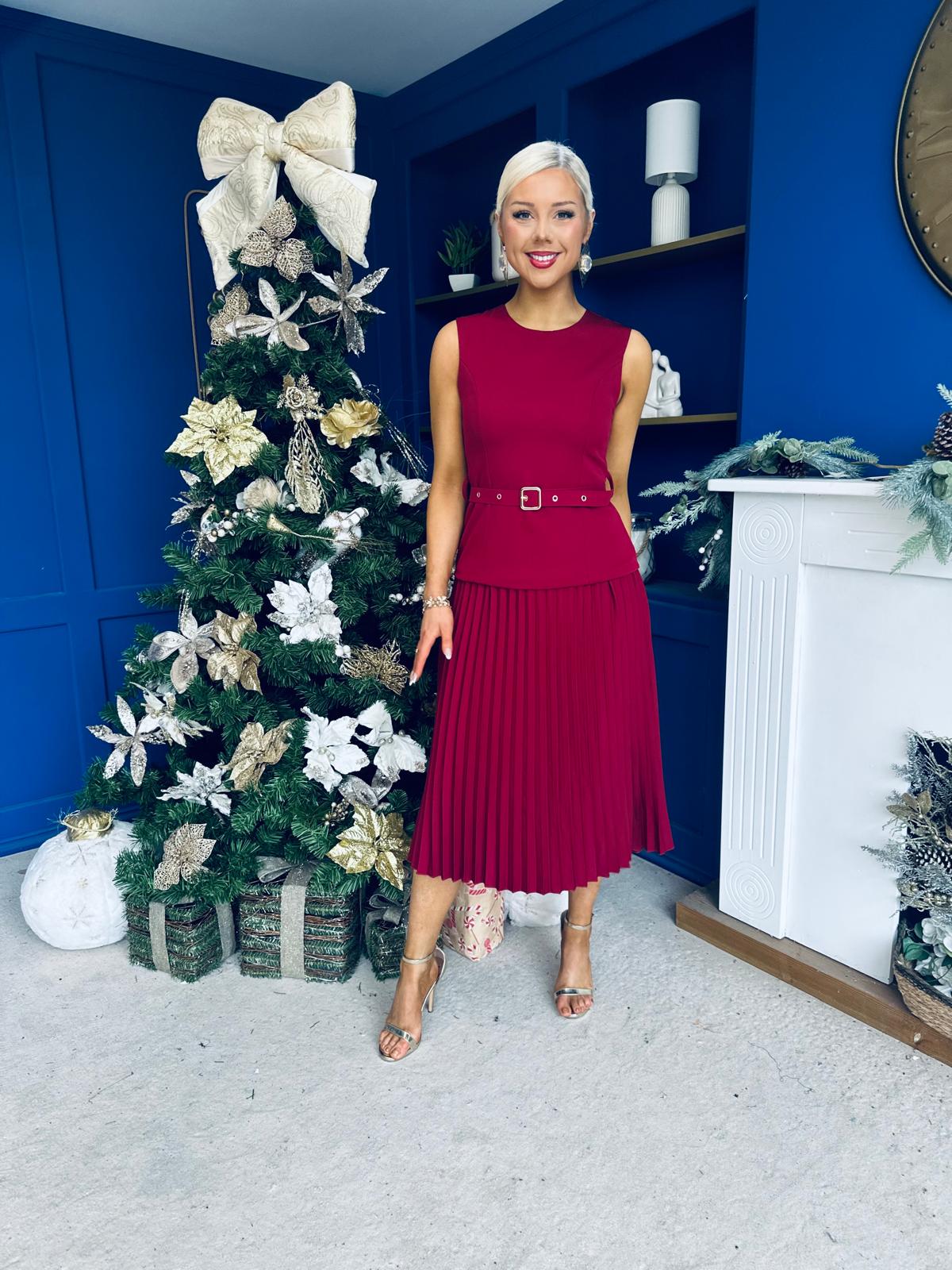 Doireann Pleated Skirt Midi Dress Wine