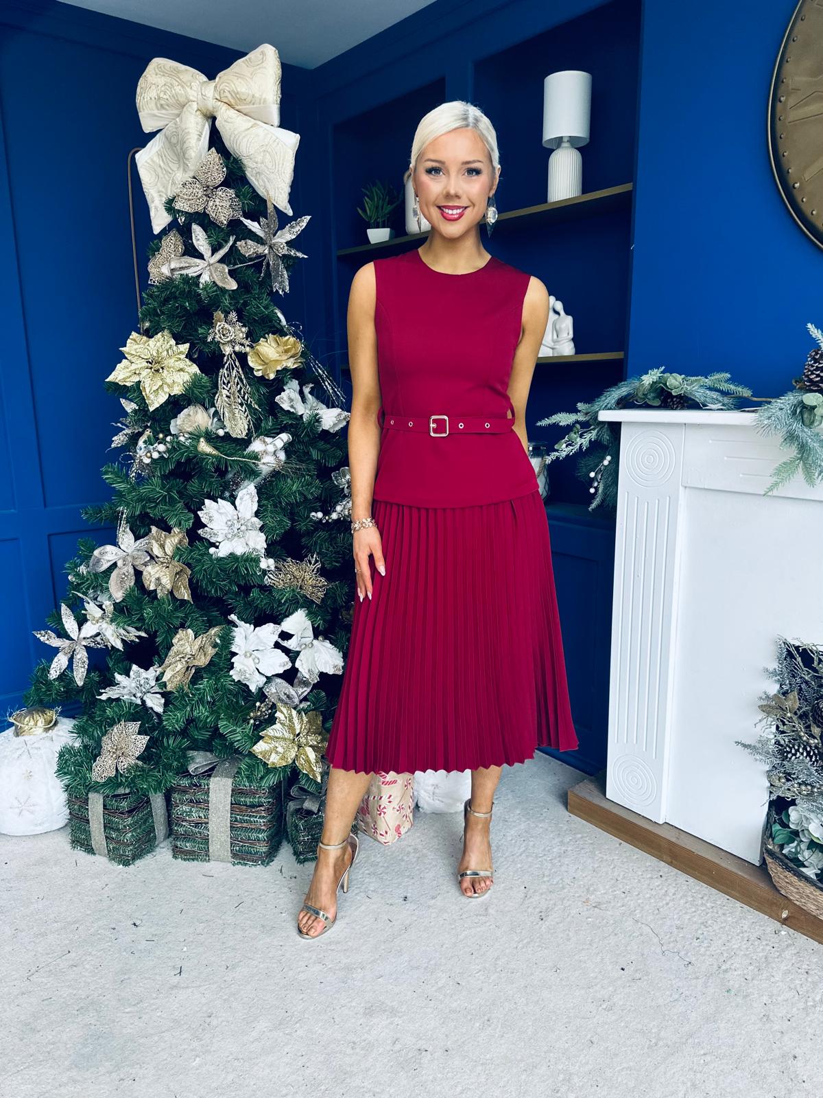 Doireann Pleated Skirt Midi Dress Wine