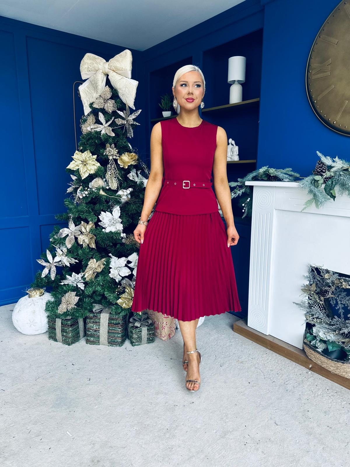 Doireann Pleated Skirt Midi Dress Wine