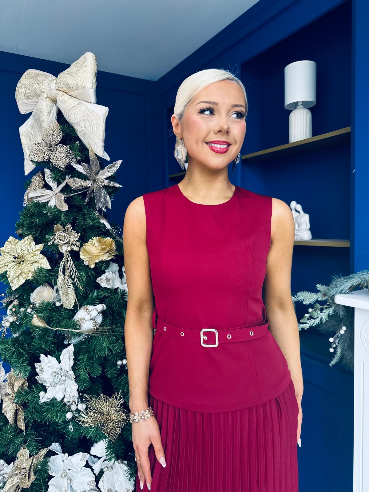 Doireann Pleated Skirt Midi Dress Wine