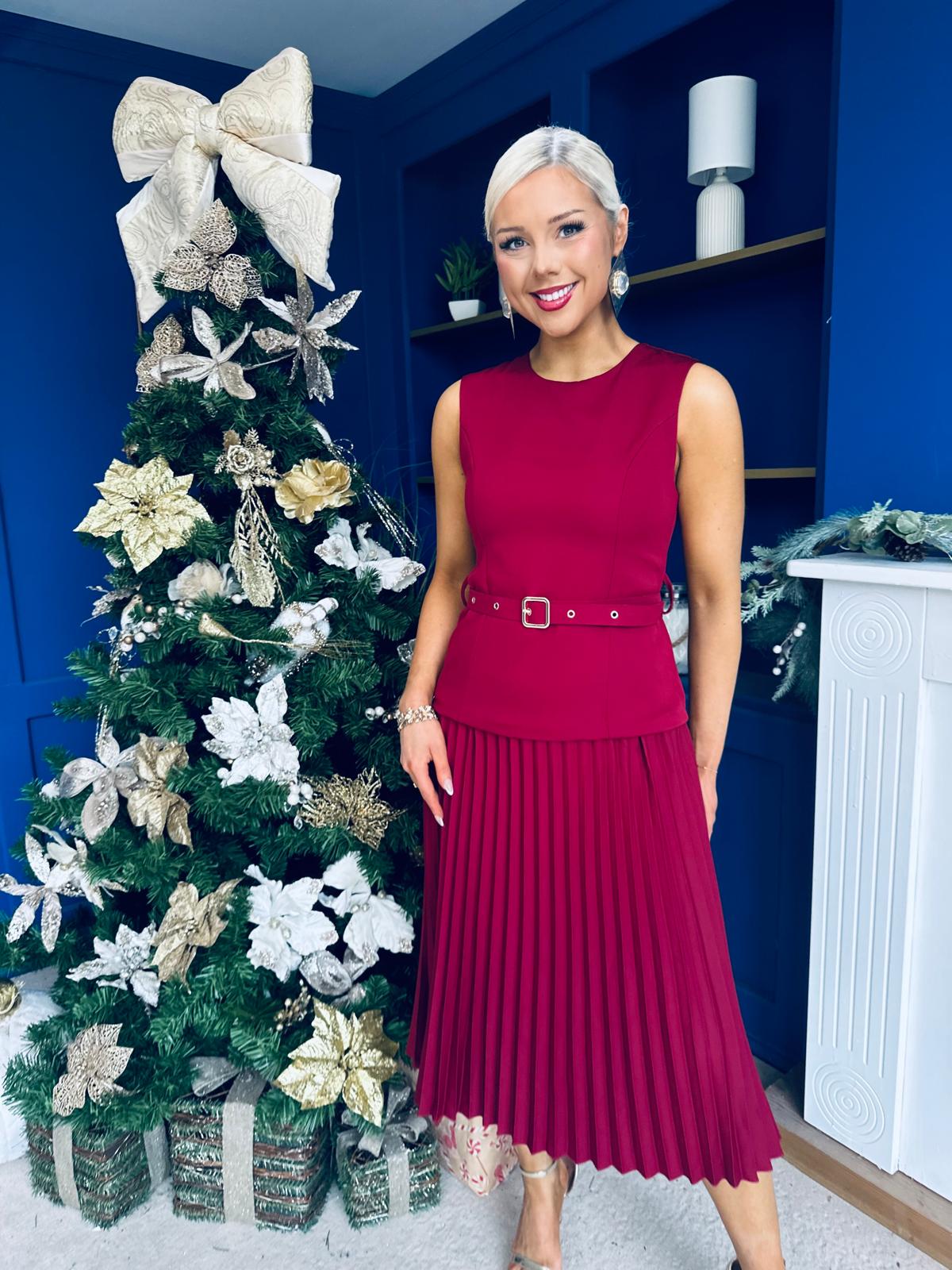Doireann Pleated Skirt Midi Dress Wine