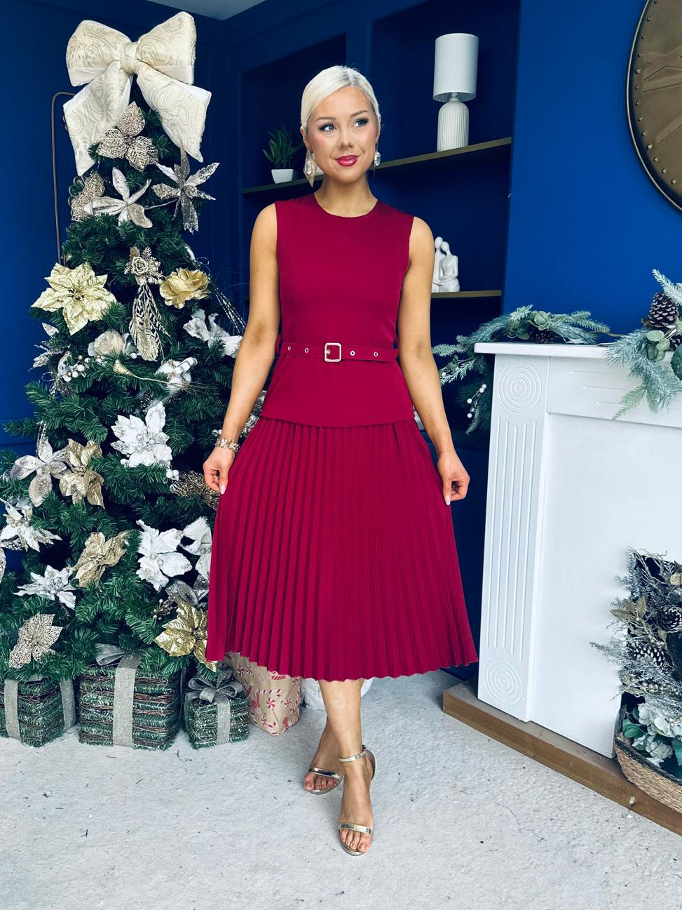Doireann Pleated Skirt Midi Dress Wine