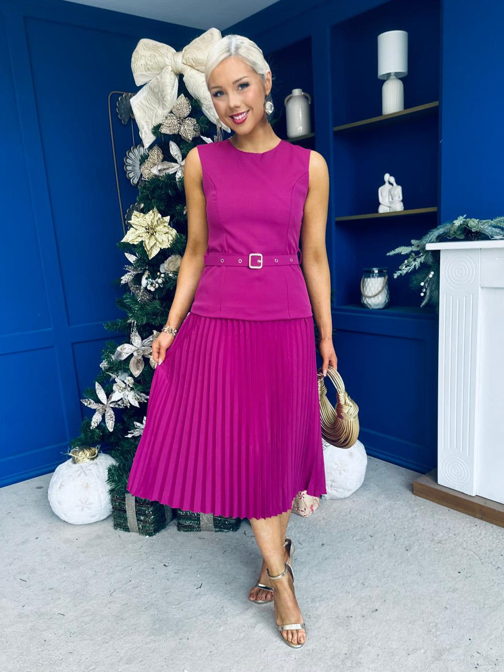 Doireann Pleated Skirt Midi Dress Berry