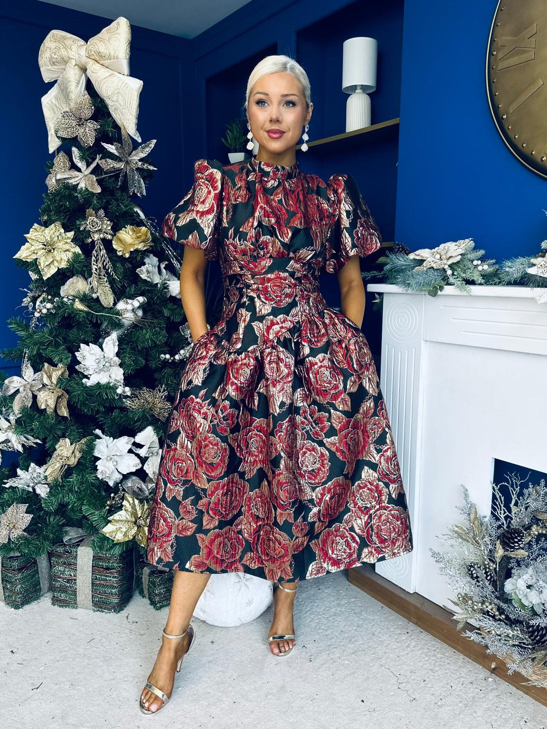 Sadhbh Puff Sleeve Jacquard Occasion Dress Rouge