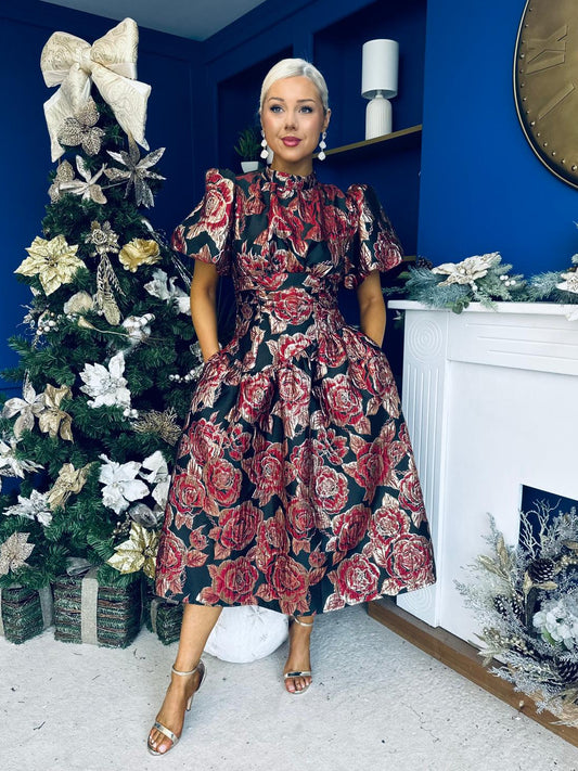 Sadhbh Puff Sleeve Jacquard Occasion Dress Rouge