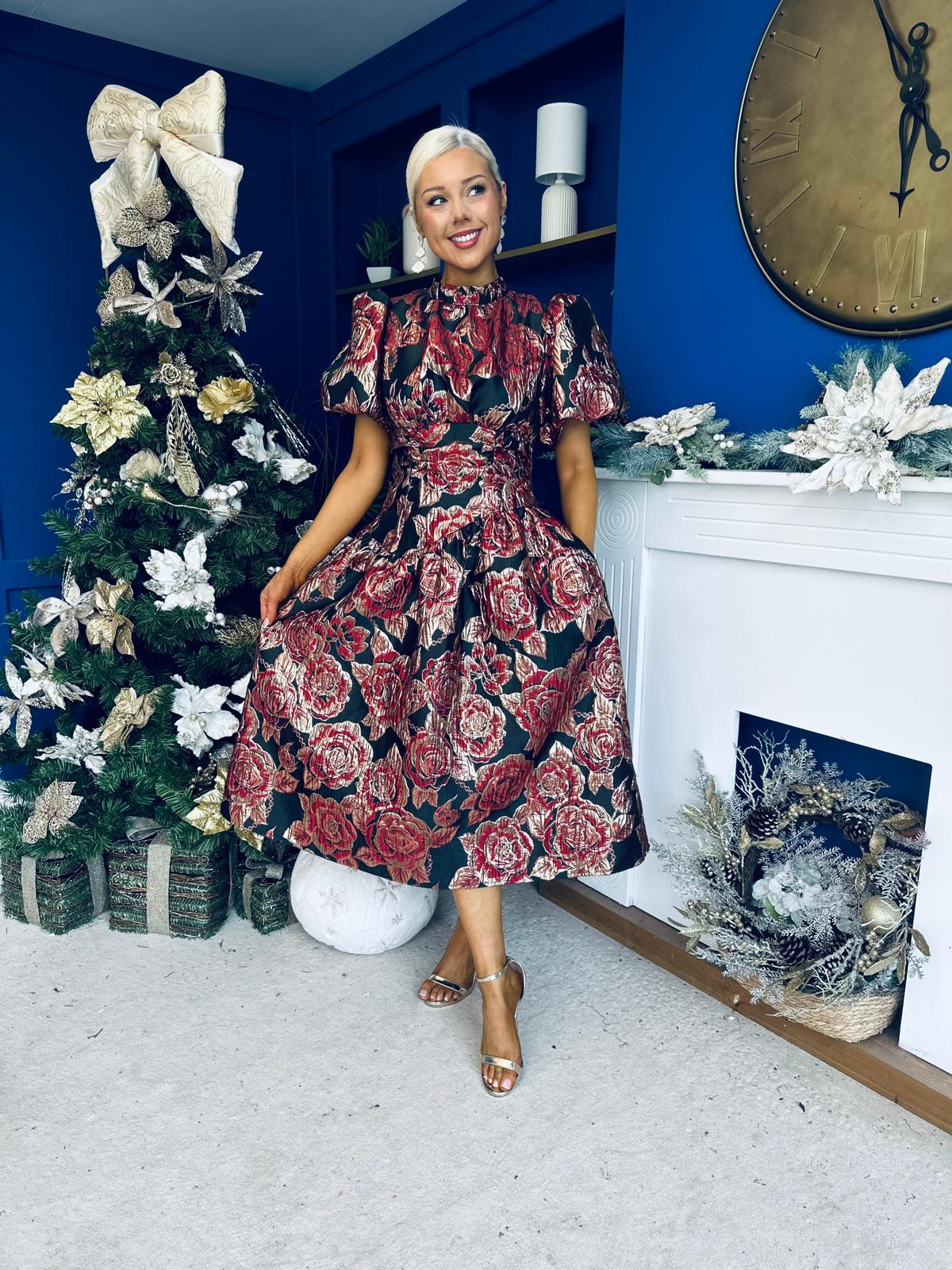 Sadhbh Puff Sleeve Jacquard Occasion Dress Rouge