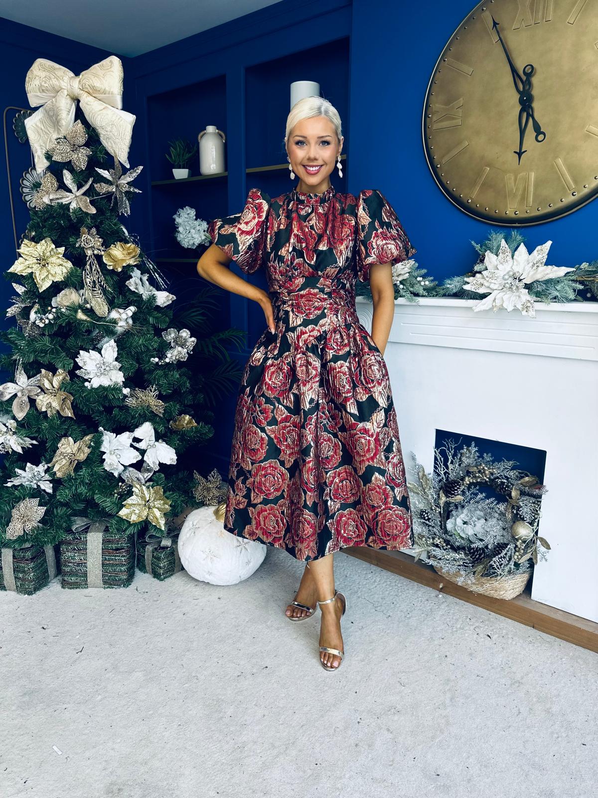 Sadhbh Puff Sleeve Jacquard Occasion Dress Rouge