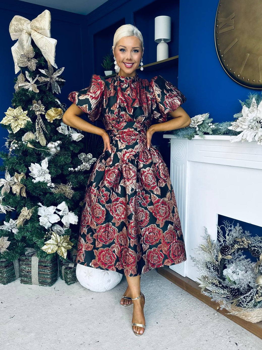 Sadhbh Puff Sleeve Jacquard Occasion Dress Rouge