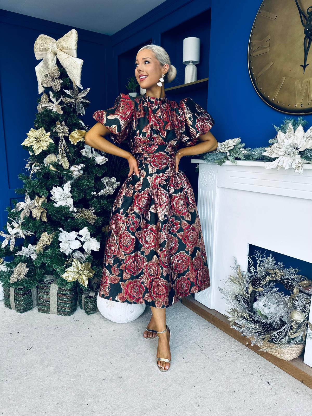 Sadhbh Puff Sleeve Jacquard Occasion Dress Rouge