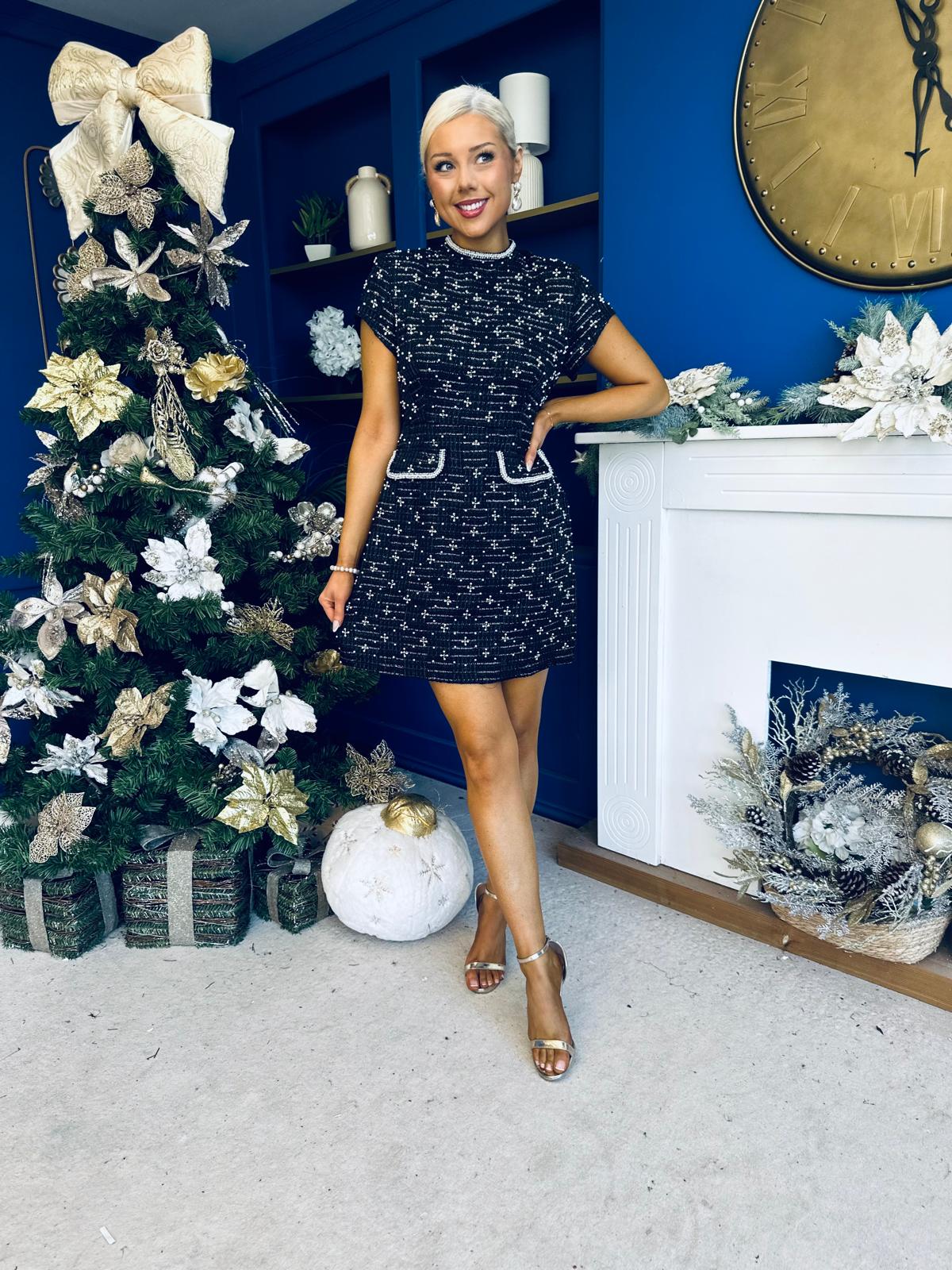 Nelly High Neck Beaded Tweed Mini Dress Black