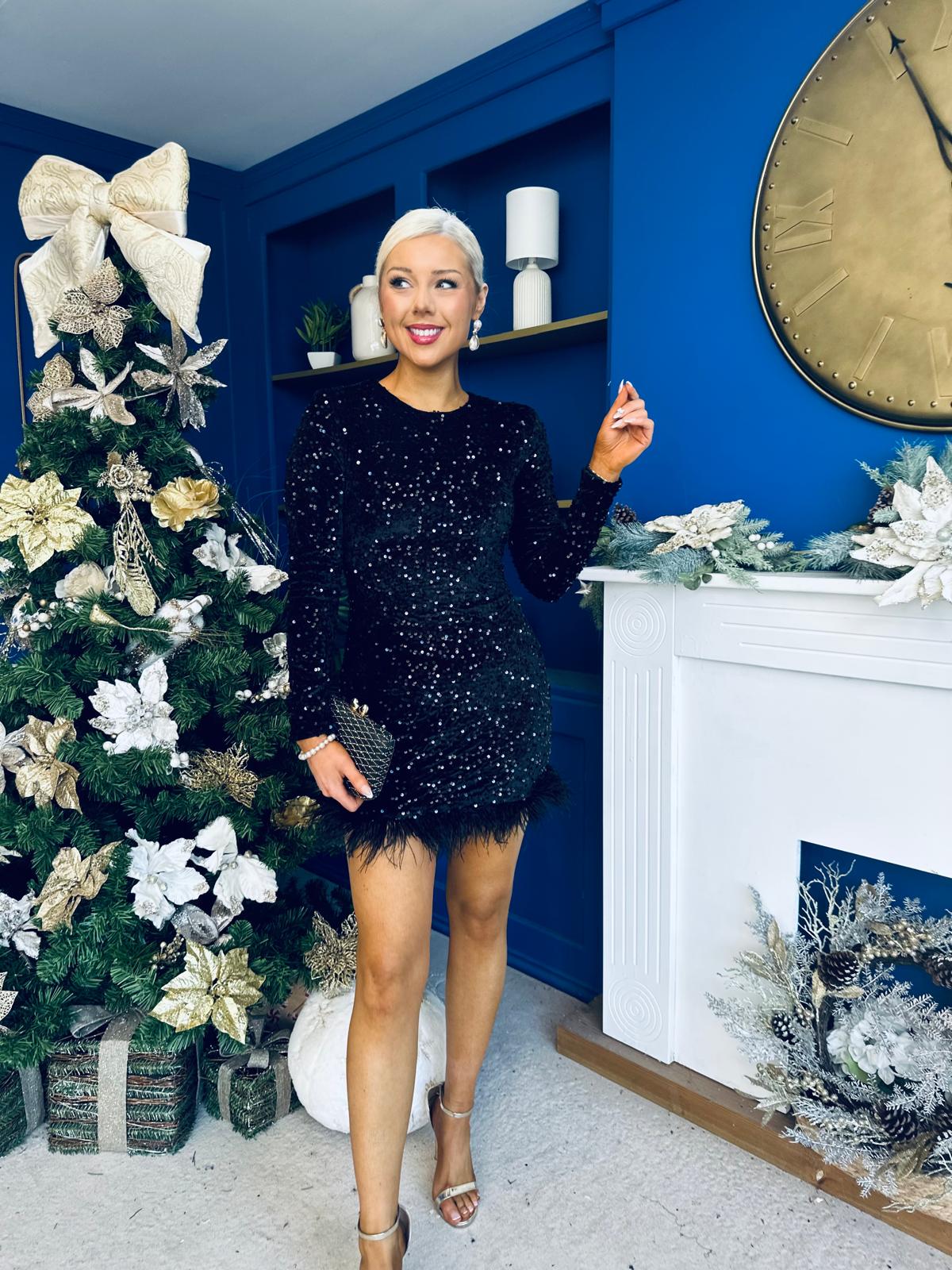 Darcy Feather Hem Sequin Mini Dress Black