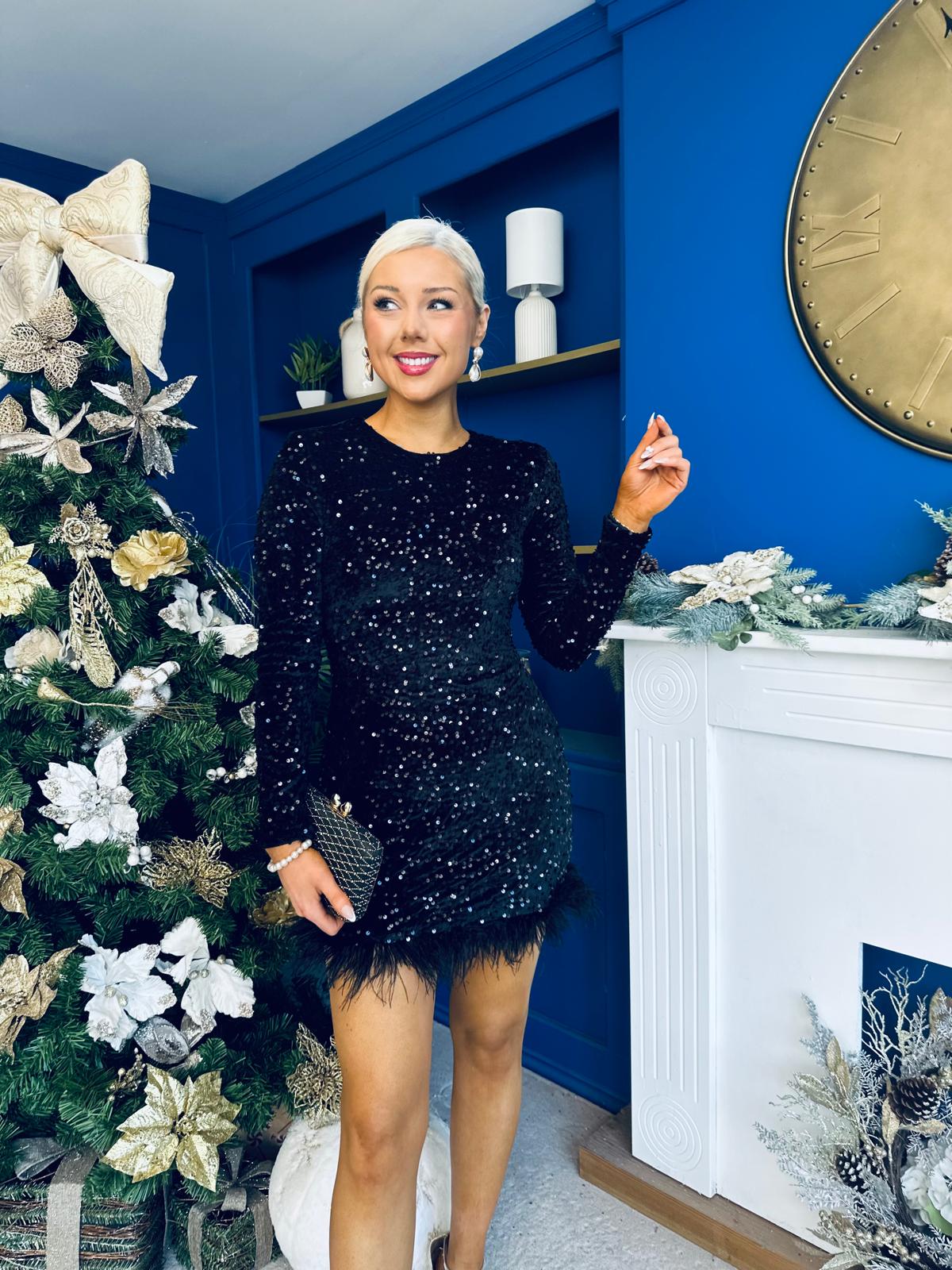 Darcy Feather Hem Sequin Mini Dress Black