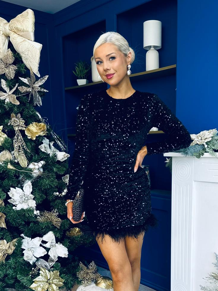 Darcy Feather Hem Sequin Mini Dress Black