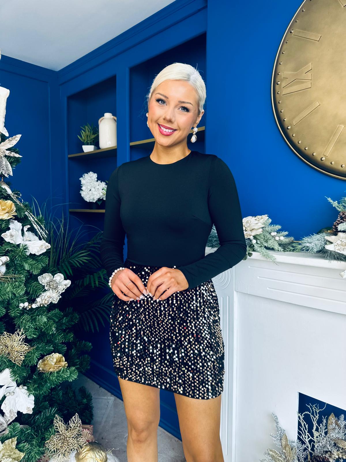 Margaret Long Sleeve Velvet Sequin Mini Dress Gold