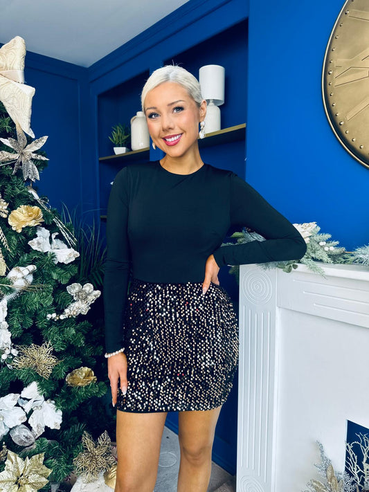 Margaret Long Sleeve Velvet Sequin Mini Dress Gold