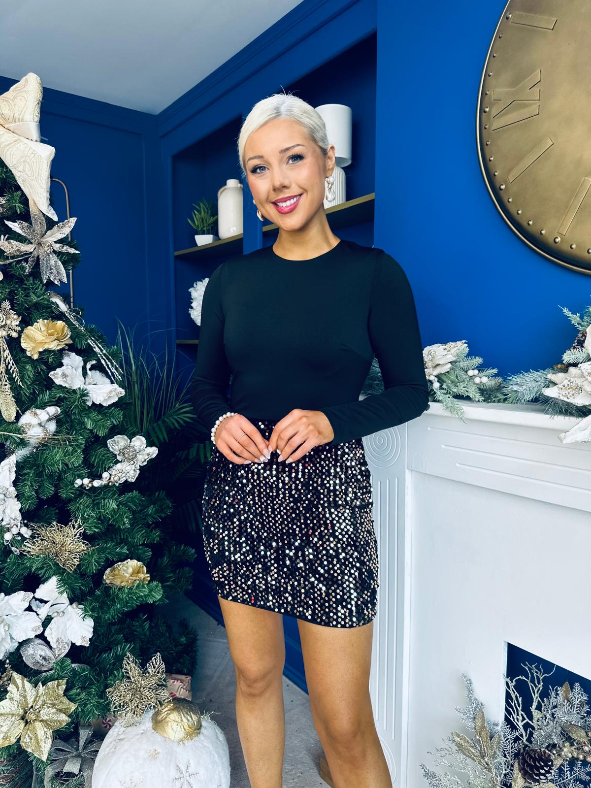 Margaret Long Sleeve Velvet Sequin Mini Dress Gold