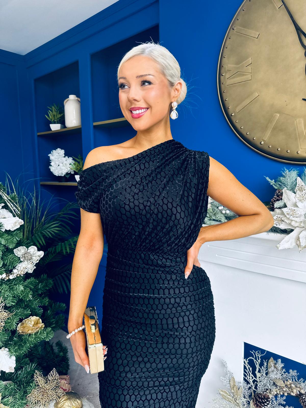 Daniella Velvet Pattern Off The Shoulder Midi Dress Black