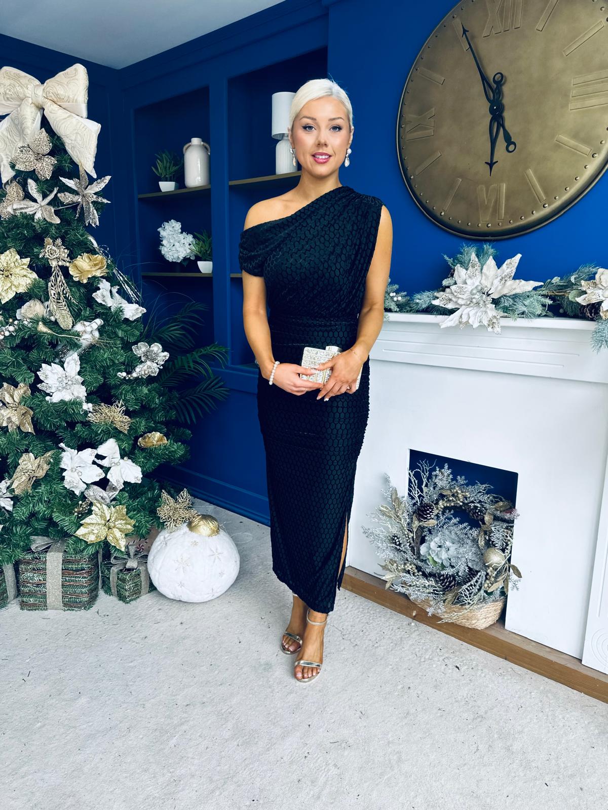 Daniella Velvet Pattern Off The Shoulder Midi Dress Black