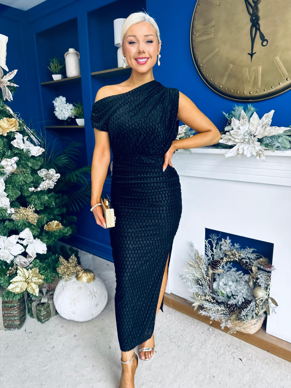Daniella Velvet Pattern Off The Shoulder Midi Dress Black