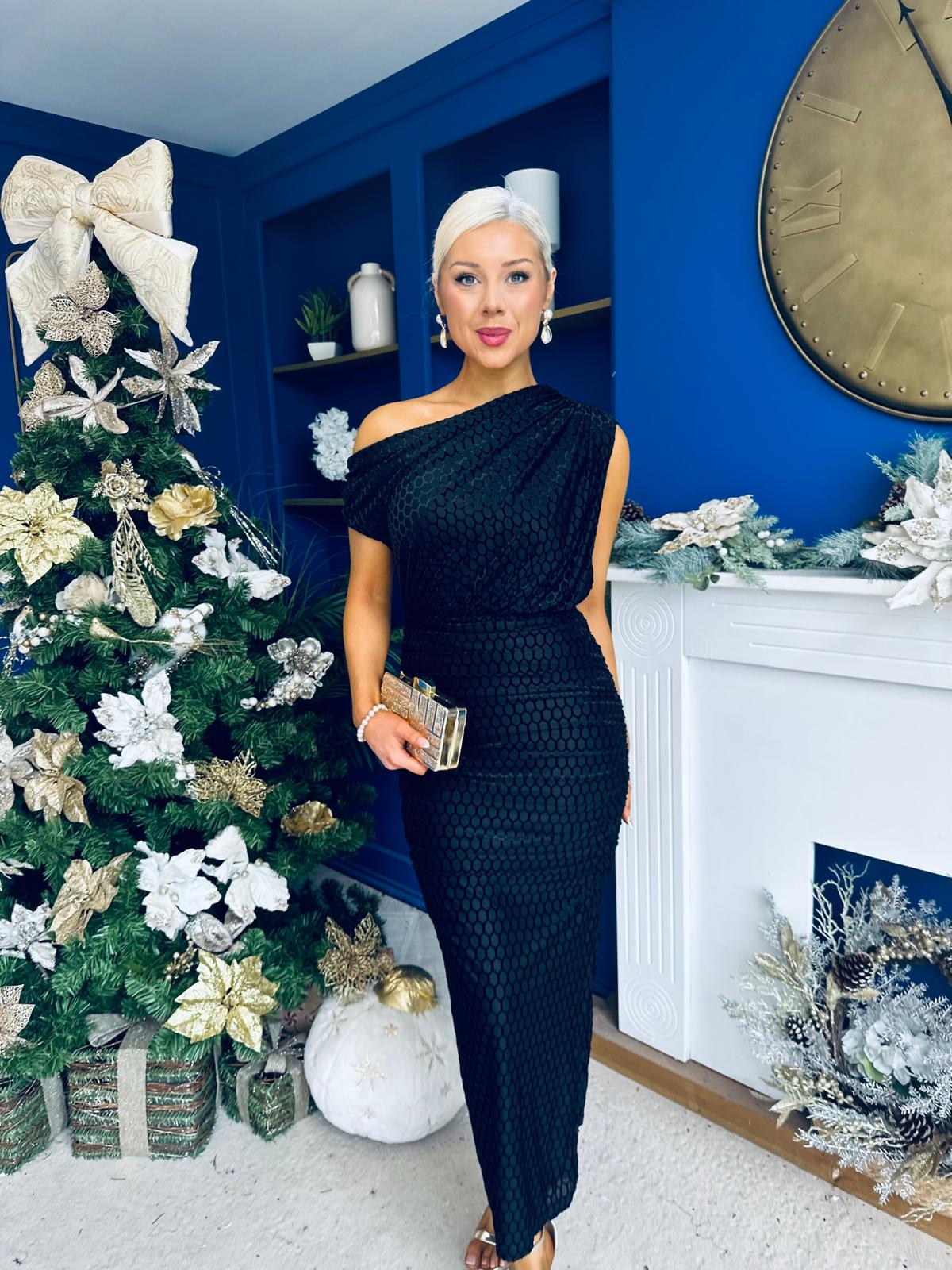 Daniella Velvet Pattern Off The Shoulder Midi Dress Black
