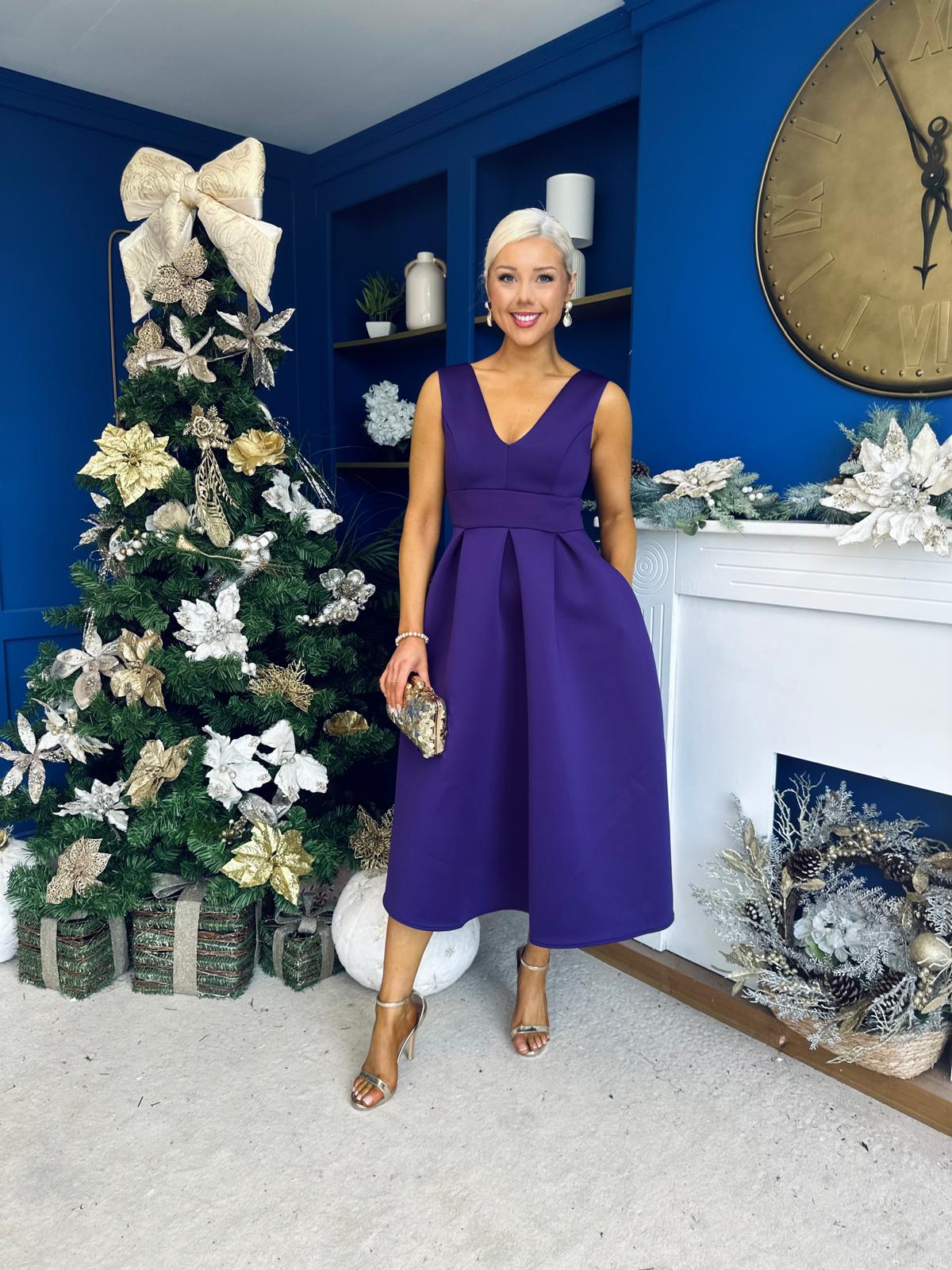 Bethany V Neck Skater Midi Dress Purple