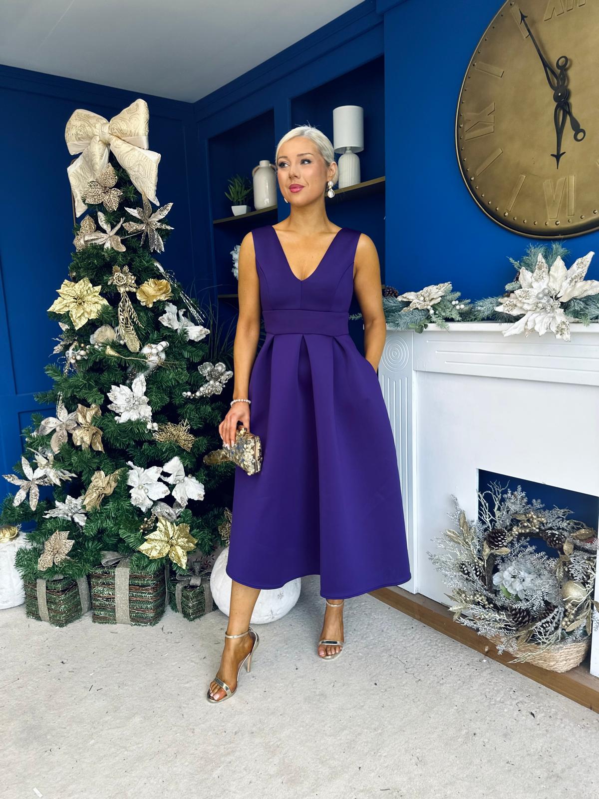Bethany V Neck Skater Midi Dress Purple