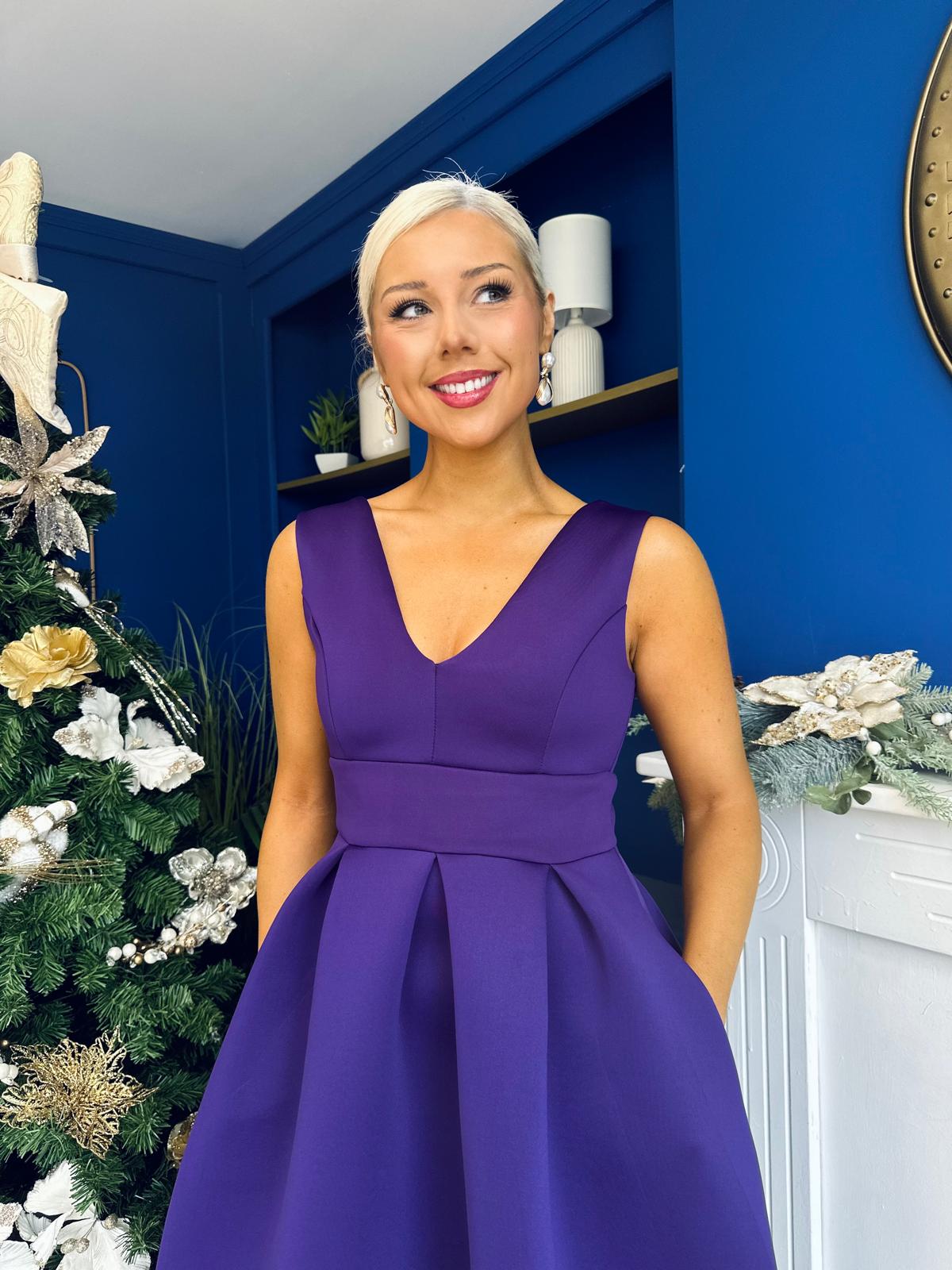 Bethany V Neck Skater Midi Dress Purple