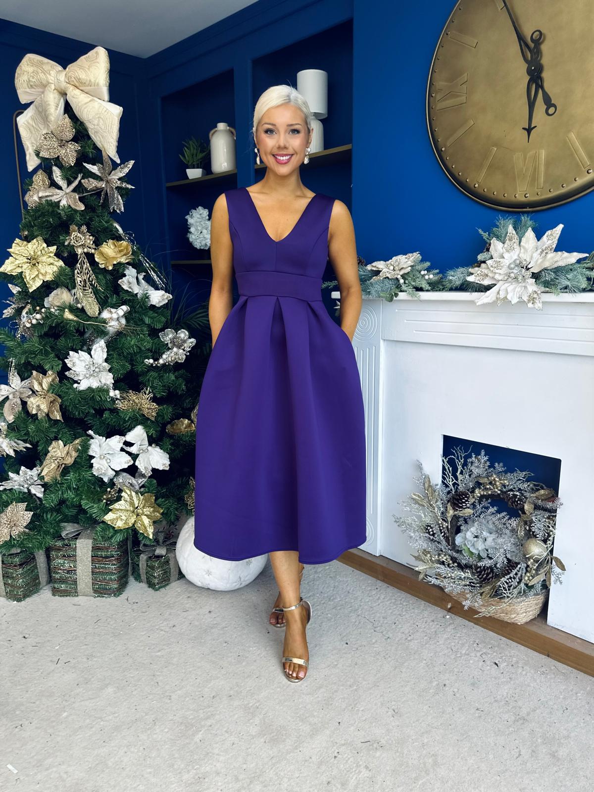Bethany V Neck Skater Midi Dress Purple