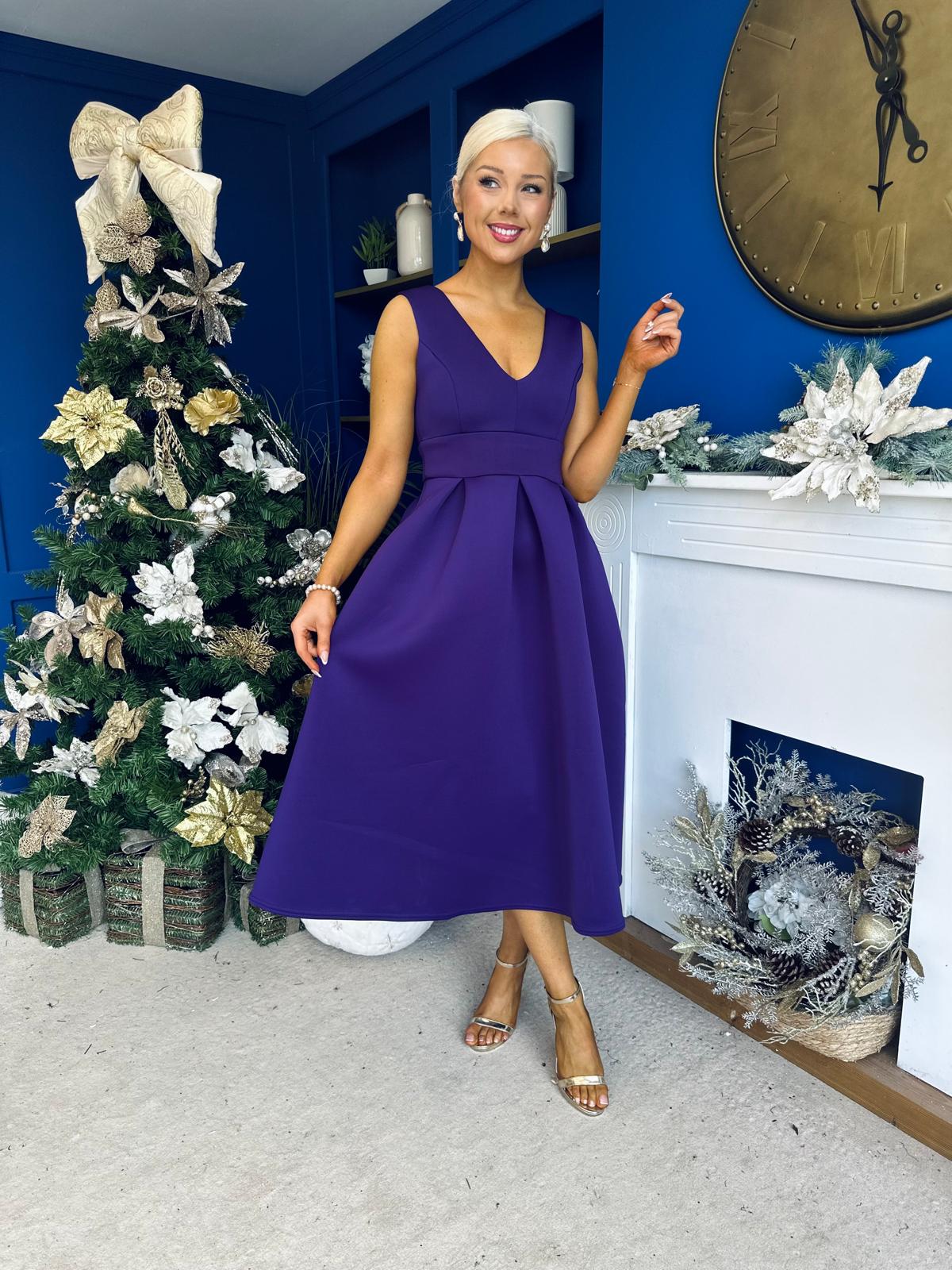 Bethany V Neck Skater Midi Dress Purple