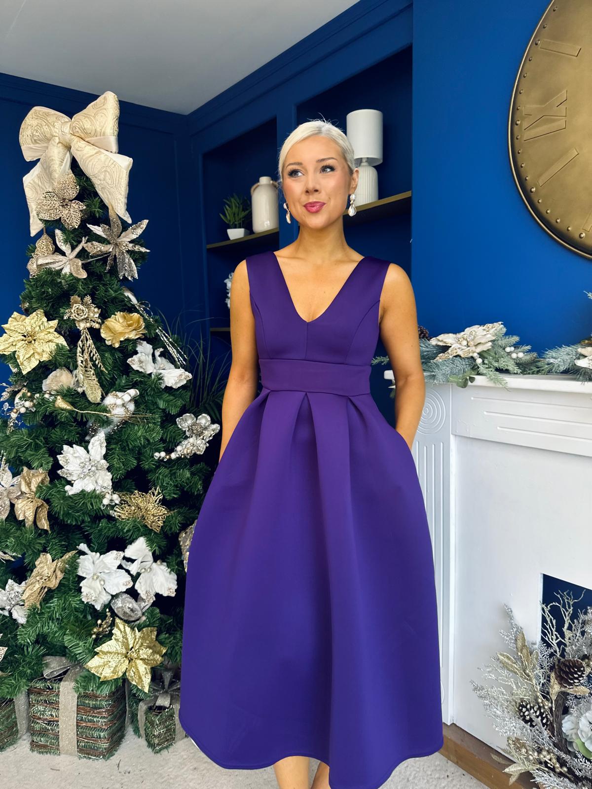 Bethany V Neck Skater Midi Dress Purple